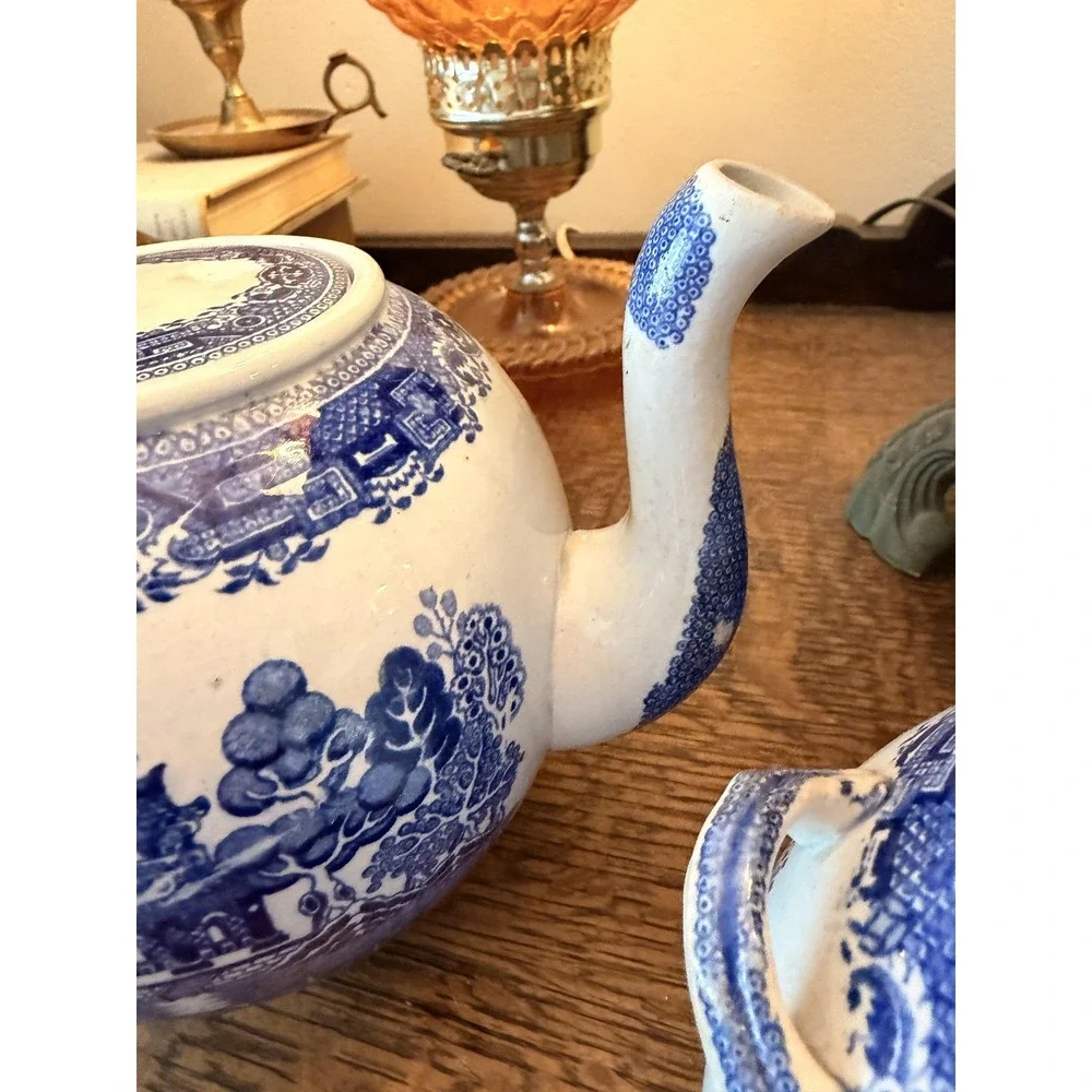 Vintage Old Hall Blue Willow Teapot & Sugar Bowl Set Staffordshire England